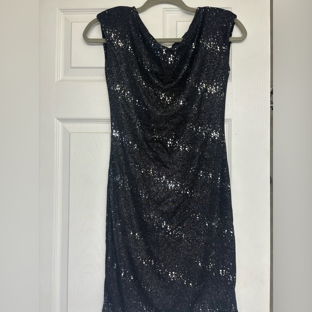 Allen B by Allen Schwartz Black Sparkly Dress. Size XS. Criss Cross Back
